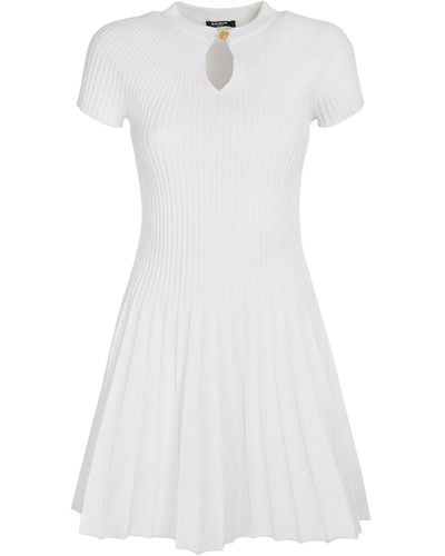Balmain Pleated Knit Short Sleeve Mini Dress - White