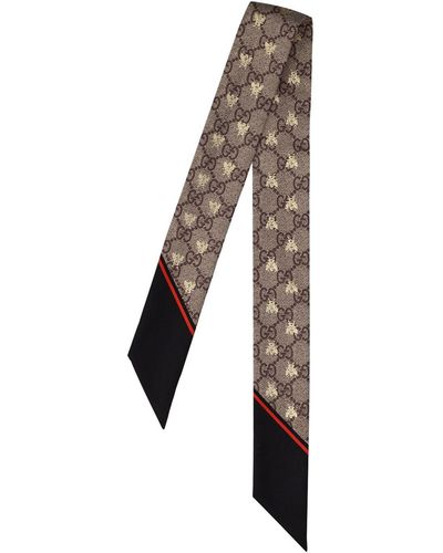 Gucci Gg & Bee Printed Silk Twill Neck Bow - Natural