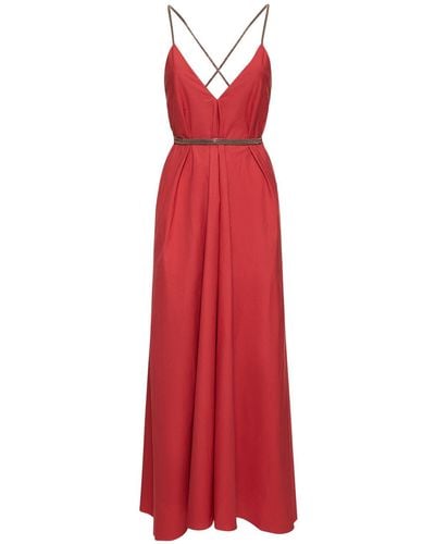 Brunello Cucinelli Belted Cotton Poplin Midi Dress - Red