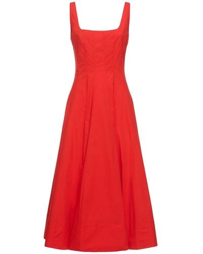 STAUD Wells Pleated Stretch Cotton Midi Dress - Red