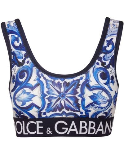 Dolce & Gabbana Crop Top In Jersey Stampato Con Logo - Blu