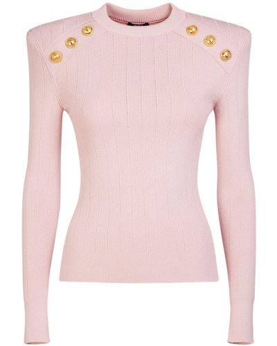 Balmain Viscose Knit Long Sleeve Top W/Buttons - Pink