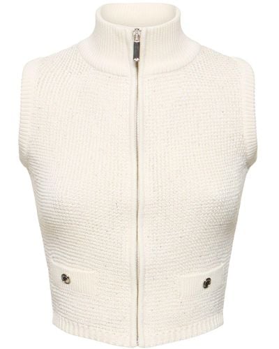 Alessandra Rich High Neck Sequined Knit Vest W/zip - Natural