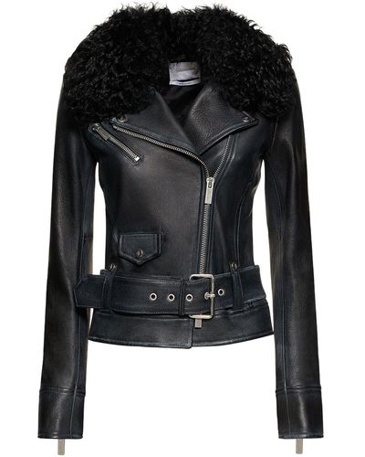 Blumarine Belted Leather Jacket W/ Fur Collar - Black