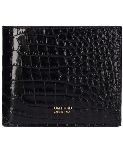 Tom Ford Logo Croc Embossed Leather Wallet - Black