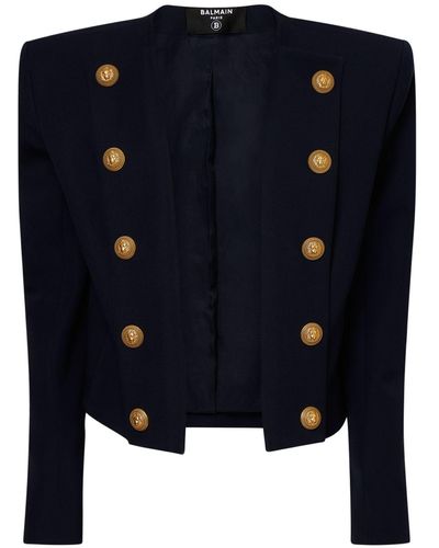 Balmain Blazer sans col en laine spencer - Bleu