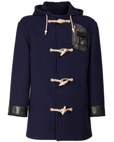 Maison Margiela Wool Duffle Coat W/faux Leather Details - Blue