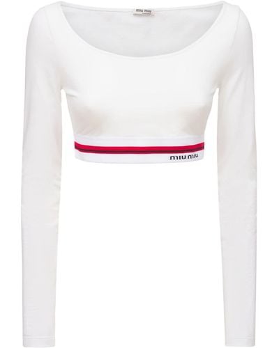 Miu Miu Top Cropped De Jersey De Algodón Con Logo - Blanco