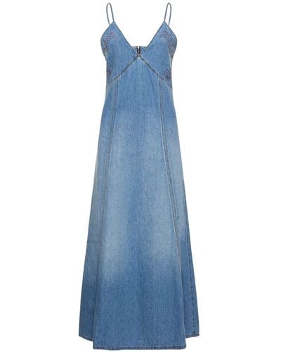 Chloé Robe longue brodée en coton et lin - Bleu