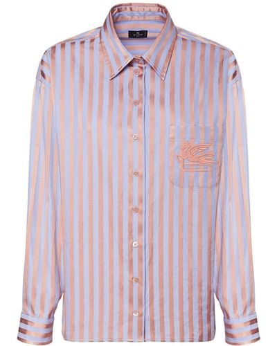 Etro Logo Cotton Satin Striped Oxford Shirt - Pink