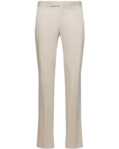 Zegna Cotton Flat Front Slim Trousers - Natural