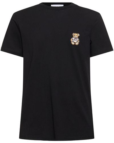 Moschino Geripptes T-shirt Mit Teddy-patch - Schwarz