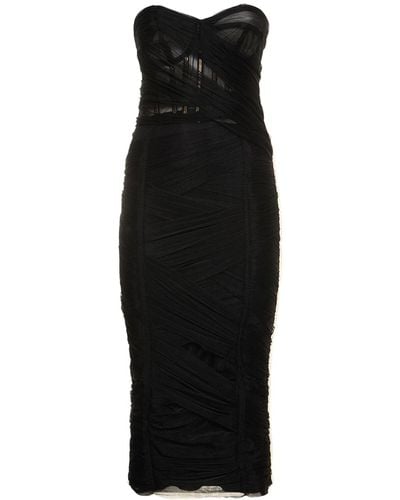Dolce & Gabbana Draped Tulle Strapless Midi Corset Dress - Black