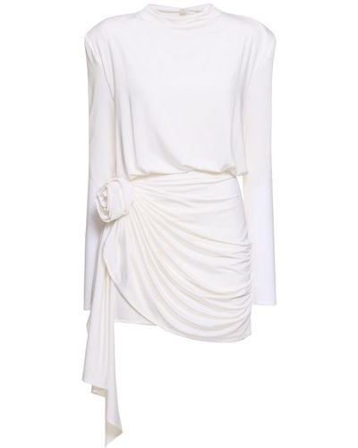 Magda Butrym Jersey Draped Mini Dress W/ Flower - White