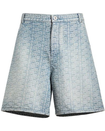 Balmain Shorts Aus Denim Mit Logo-jacquard - Blau