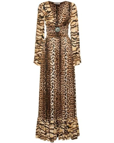 Roberto Cavalli Jaguar Print Satin Long Dress - Natural