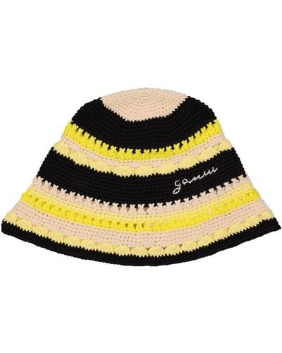 Ganni Cotton Crochet Bucket Hat W/ Logo - Yellow