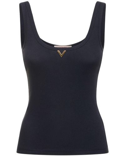 Valentino Cotton Ribbed Jersey Logo Tank Top - Blue