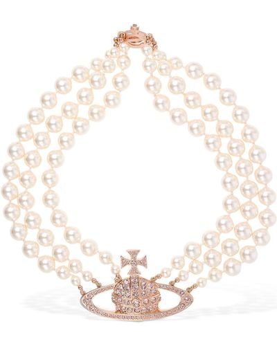 Vivienne Westwood Three Row Faux Pearl Bas Relief Choker - Natural