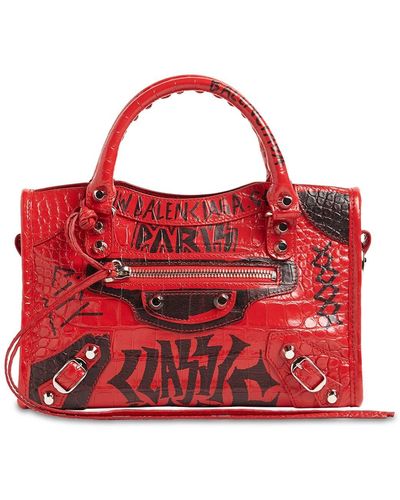 Balenciaga Mini City Graffiti Print Croco Leather Bag - Red
