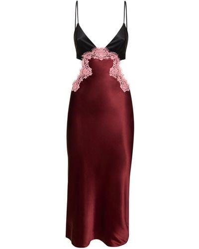 Fleur du Mal Silk & Lace Cutout Slip Midi Dress - Red