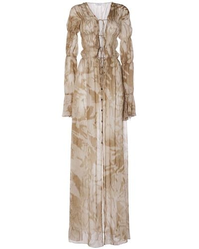 Blumarine Gathered Printed Viscose Long Dress - Natural