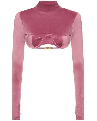 Gcds Cropped Velvet Long Sleeve Top - Pink