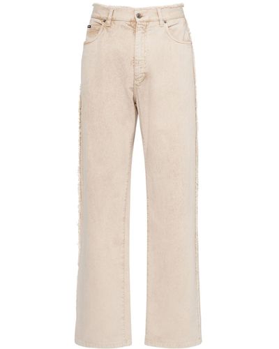 Dolce & Gabbana Wide Cotton Denim Jeans W/Logo Plaque - Natural