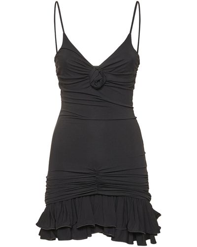 Blumarine Jersey Draped Mini Dress W/Rose Appliqué - Black