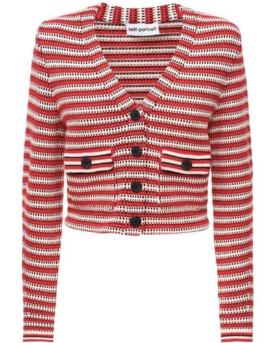Self-Portrait Striped Cotton Blend Knit Cardigan - Red
