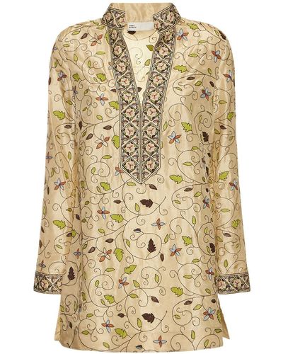 Tory Burch Embroidered Silk Tory Tunic Shirt - Natural