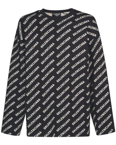 Balenciaga All Over Logo Cotton Blend Knit Sweater - Gray
