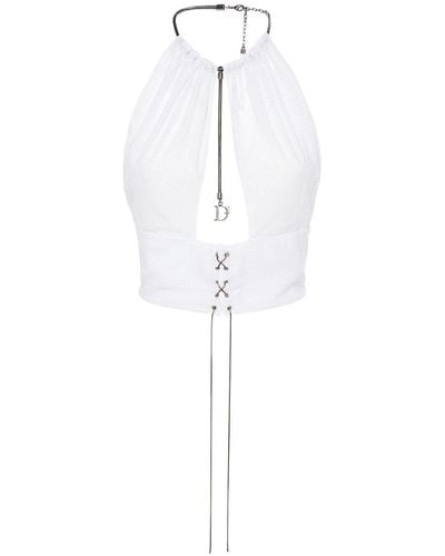 DSquared² Sequined Satin Halter Crop Top W/Chain - White