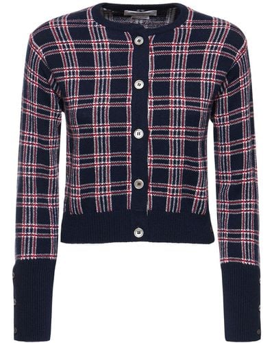 Thom Browne Checked Cashmere Knit Cropped Cardigan - Blue