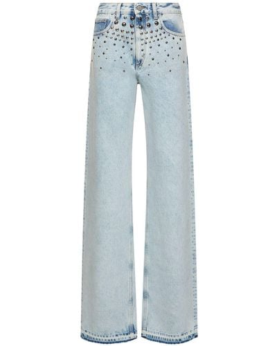 Alessandra Rich Denim Wide Jeans W/ Studs - Blue