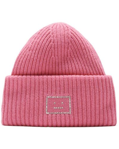 Acne Studios Pansy Crystal Logo Wool Hat - Pink
