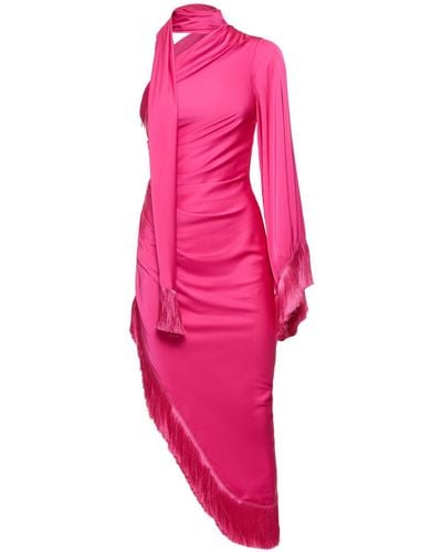 PATBO Fringed Asymmetric One Sleeve Midi Dress - Pink