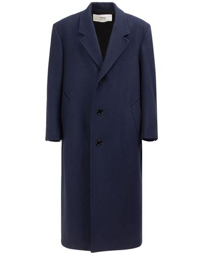 Ami Paris Oversize Wool Gabardine Coat - Blue