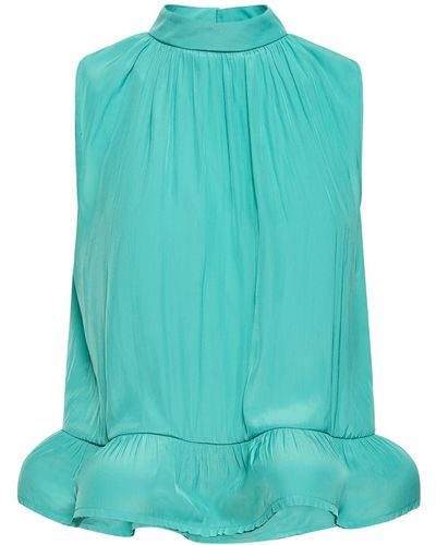 Lanvin Sleeveless Ruffled Charmeuse Top - Blue