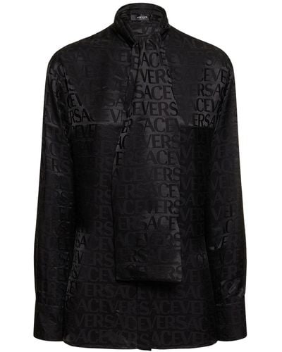 Versace Logo Jacquard Silk Twill Shirt W/Scarf - Black