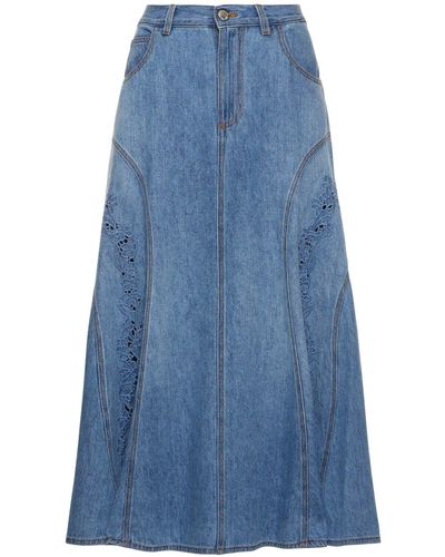 Chloé Cotton & Linen Embroidered Midi Skirt - Blue
