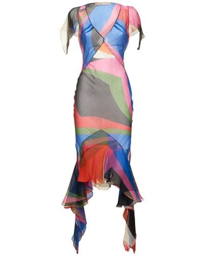 Emilio Pucci Crepe Goccia Print Ruffle Midi Dress - Blue