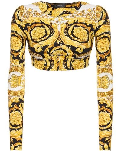 Versace Crop-top Aus Jersey Mit Barocco-druck - Gelb