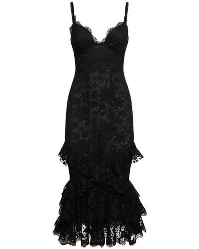 Roberto Cavalli Macramé Lace Ruffled Hem Midi Dress - Black