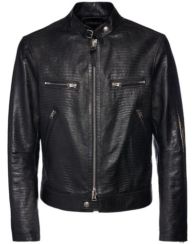 Tom Ford Lizard Embossed Leather Biker Jacket - Black