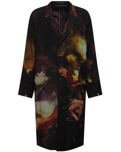 Yohji Yamamoto Abrigo largo de lino estampado - Negro