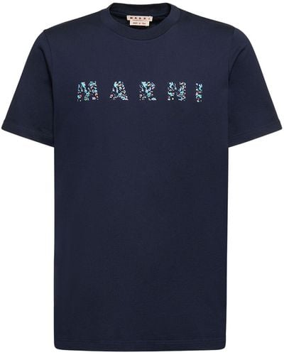 Marni Floral Logo Print Cotton Jersey T-Shirt - Blue