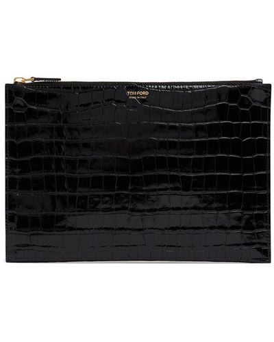 Tom Ford Shiny Croc Embossed Flat Pouch W/Strap - Black