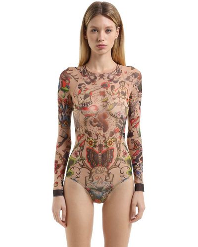 DSquared² Tattoo Printed Tulle Stretch Bodysuit - Brown