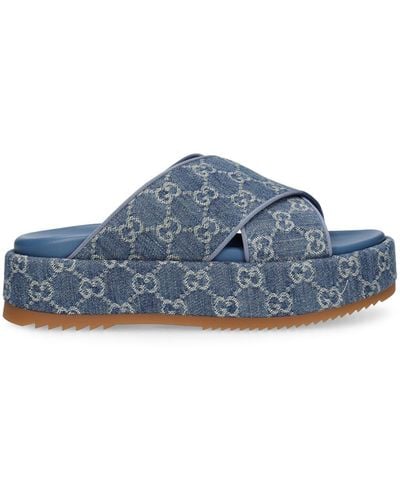 Gucci Angelina Plateau-pantoletten Aus Denim Mit Jacquard-muster - Blau